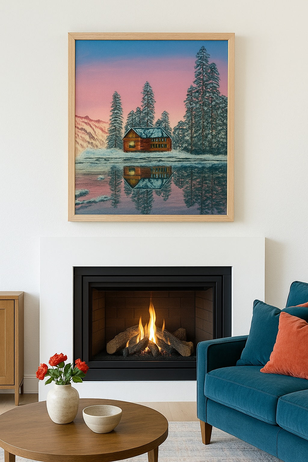 Winter Landscape on Canvas - "Cabin by the Winter Lake"