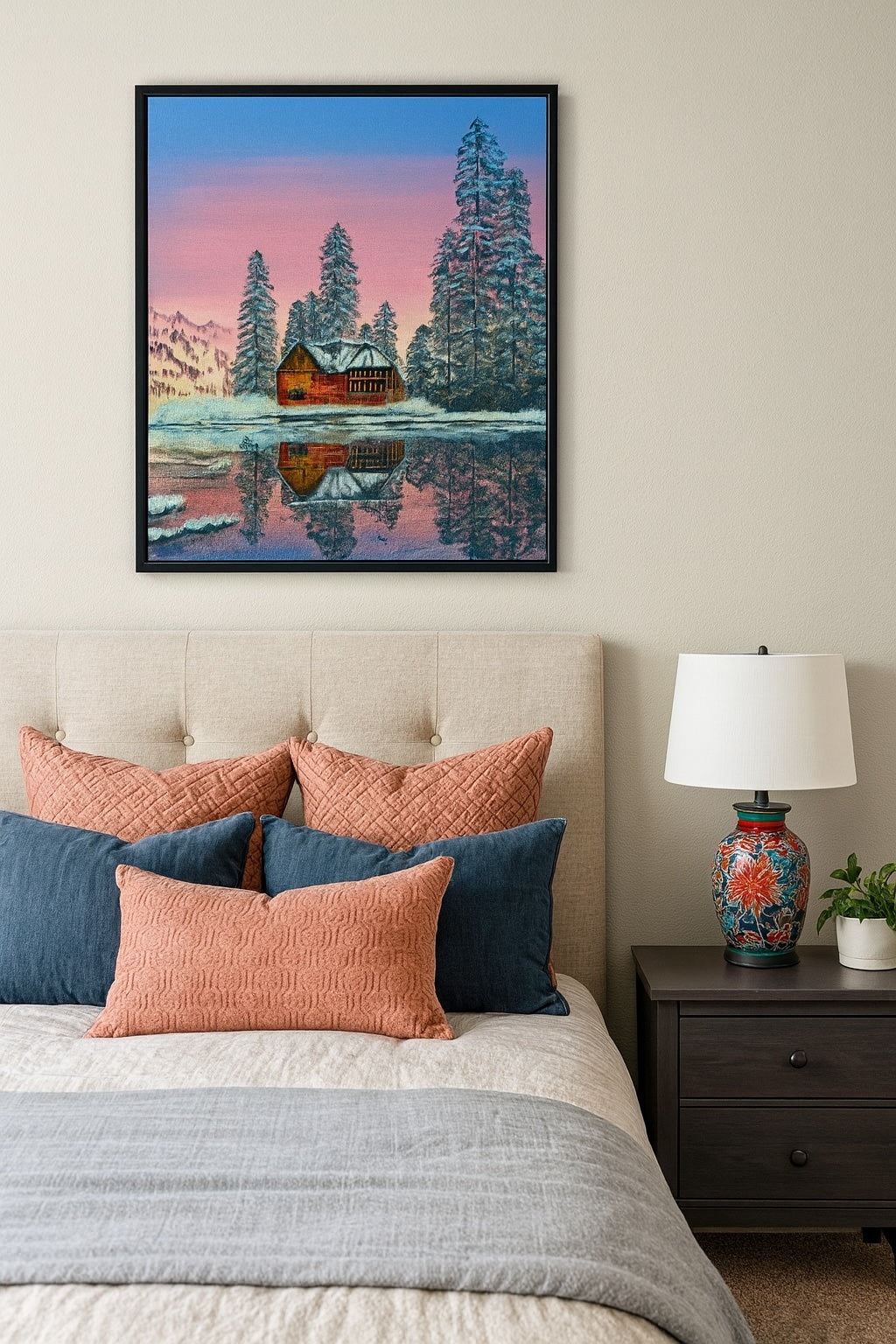 Winter Landscape on Canvas - "Cabin by the Winter Lake"