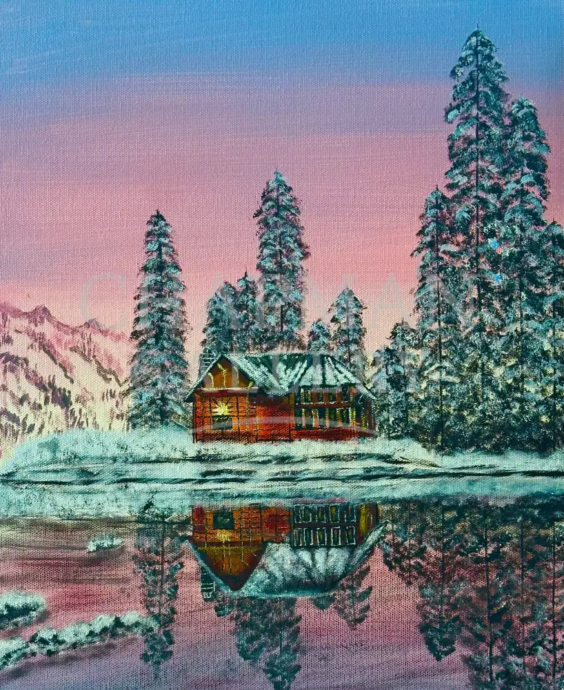 Winter Landscape on Canvas - ’Cabin by the Winter Lake’ Original Artwork
